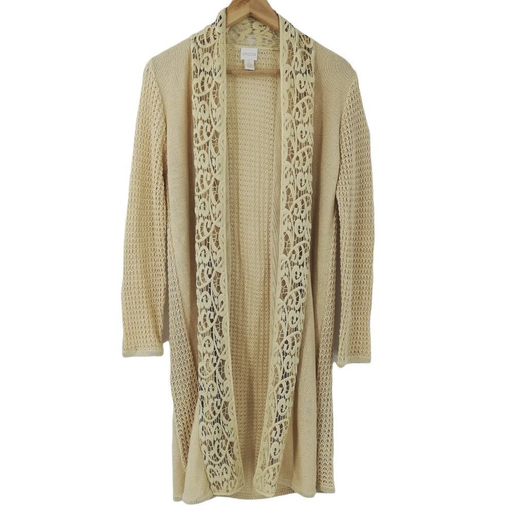Chicos Open Front Knit Cardigan Sweater Size 1 M Waterfall Crochet Boho Long